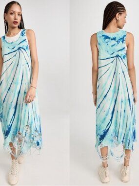 R13 Blue Tie Dye Destroyed French Terry Knit Tank midi Dress Punk Boho Medium
